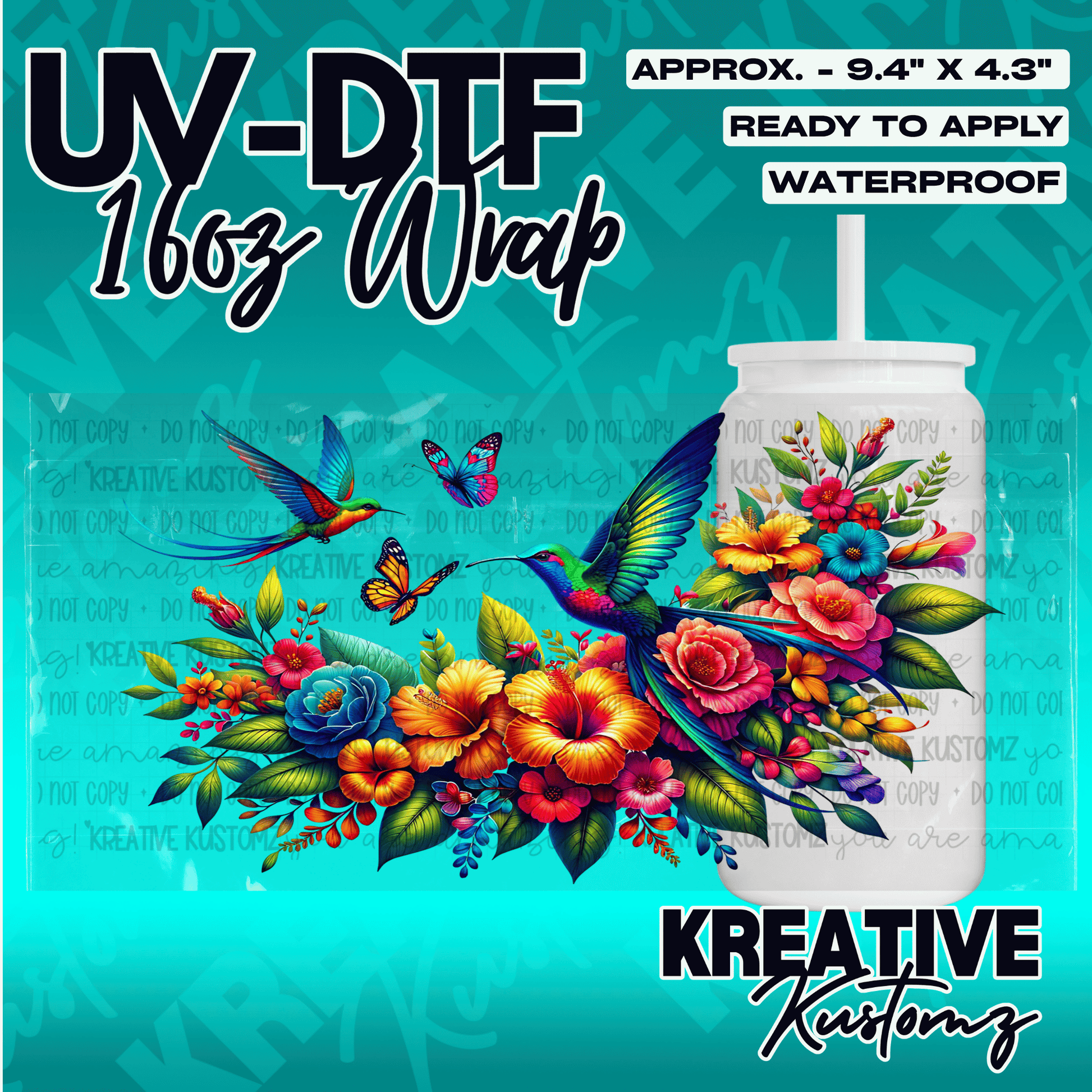A colorful floral and hummingbird UV DTF adhesive wrap for a 16oz glass cup.
