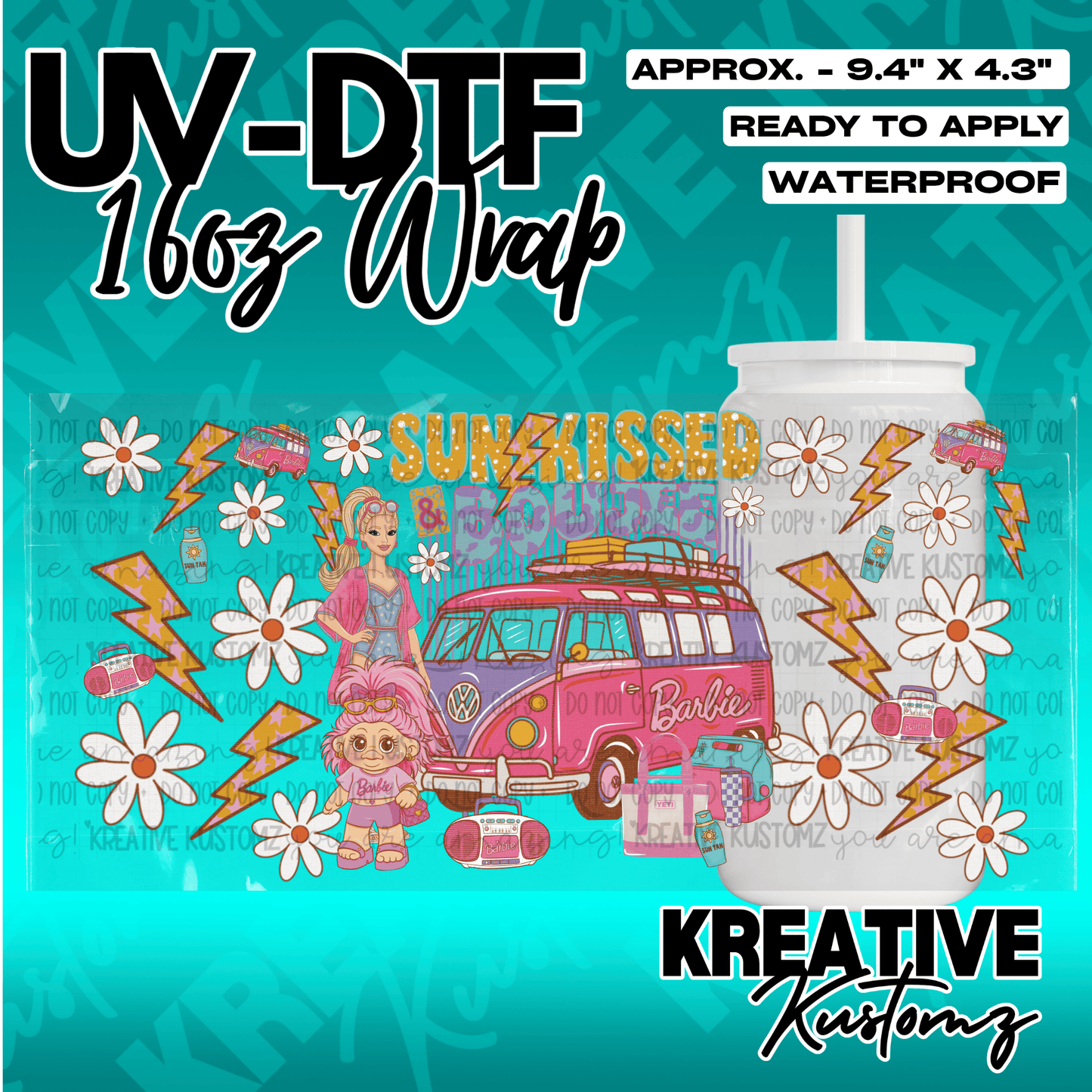 A Barbie-themed UV DTF adhesive wrap for 16oz glass cans featuring a van, doll, and floral motifs.