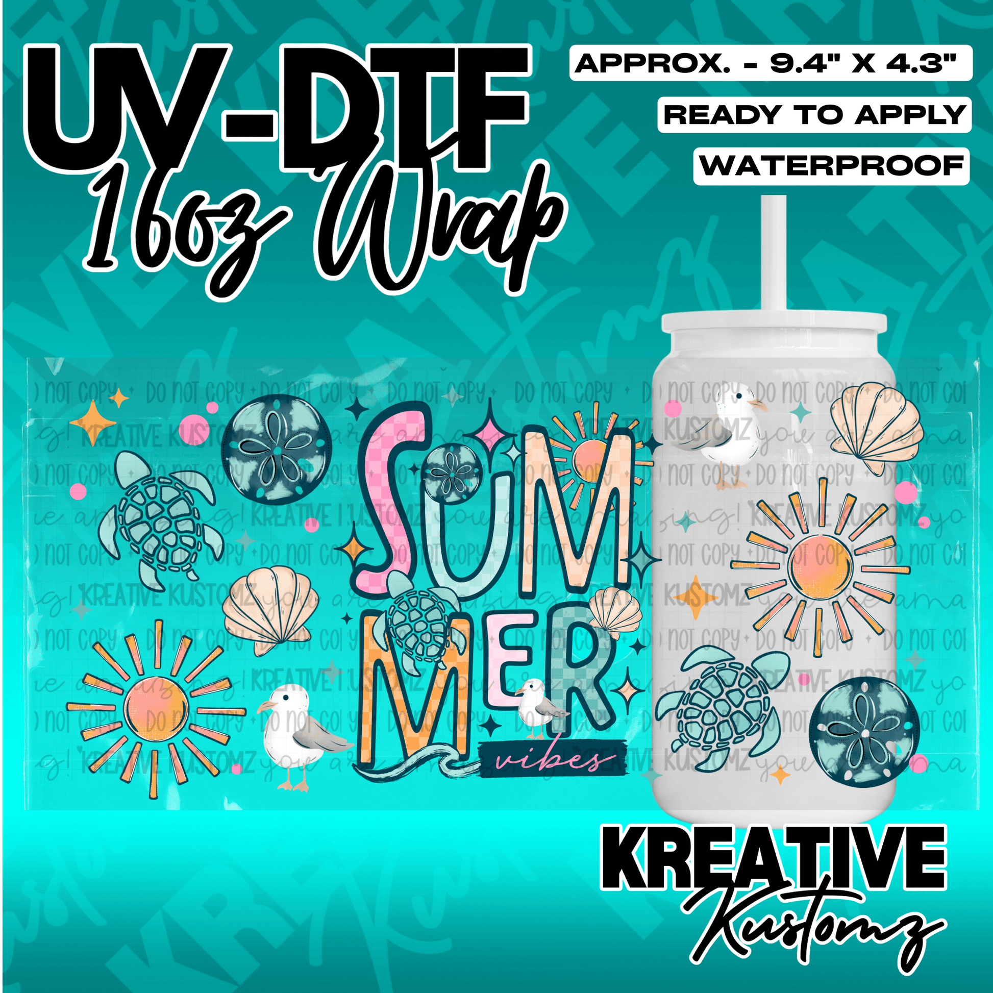 A summer themed UV DTF adhesive wrap for a 16oz glass cup featuring sea turtles and suns.