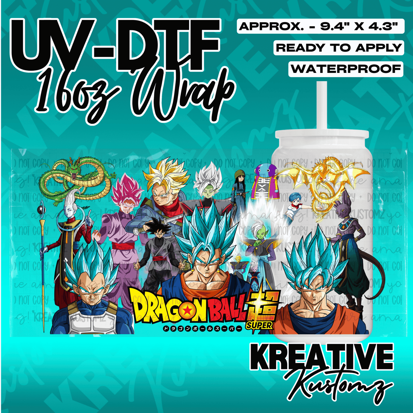 A Dragon Ball Super themed UV DTF adhesive wrap for a 16oz glass can.