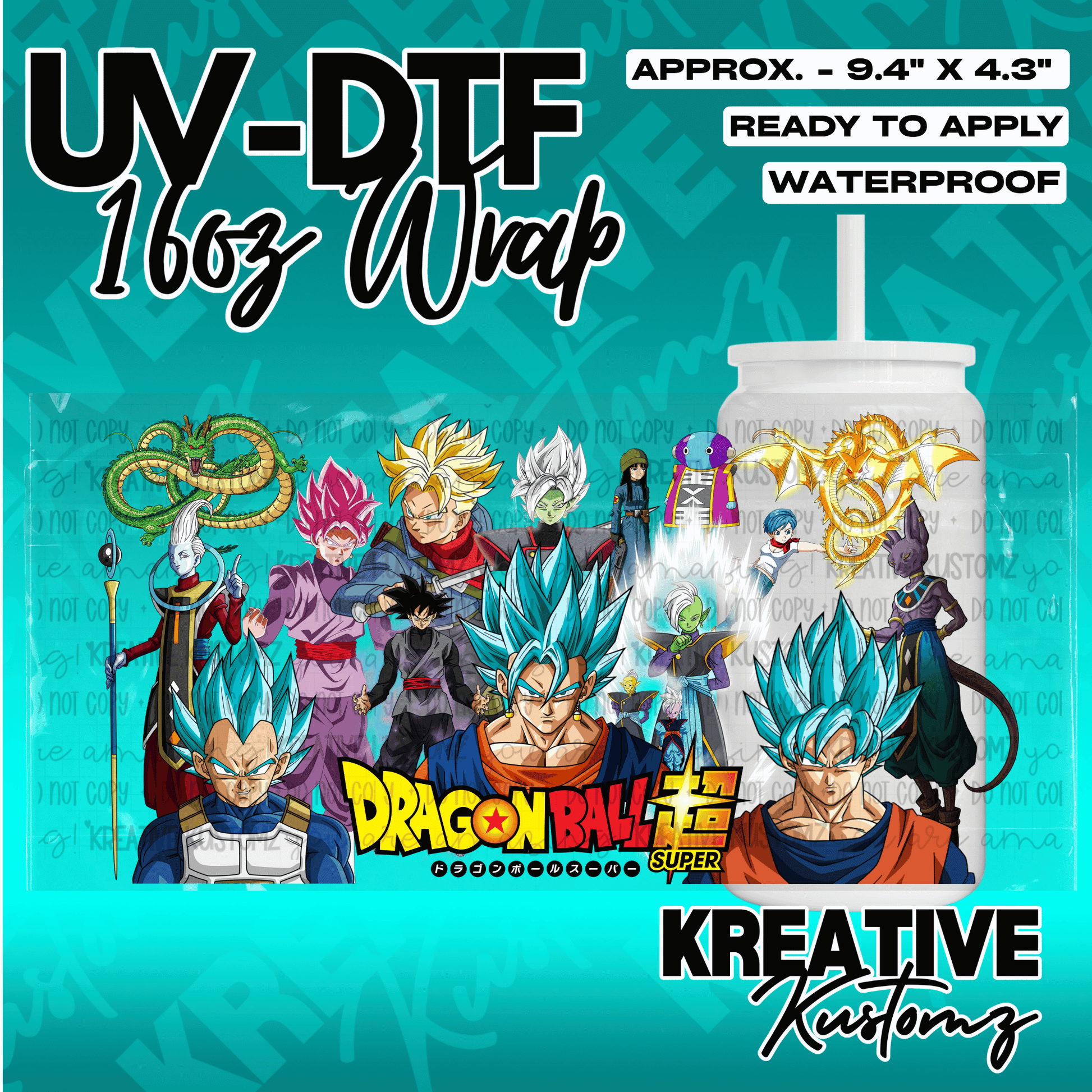 A Dragon Ball Super themed UV DTF adhesive wrap for a 16oz glass can.