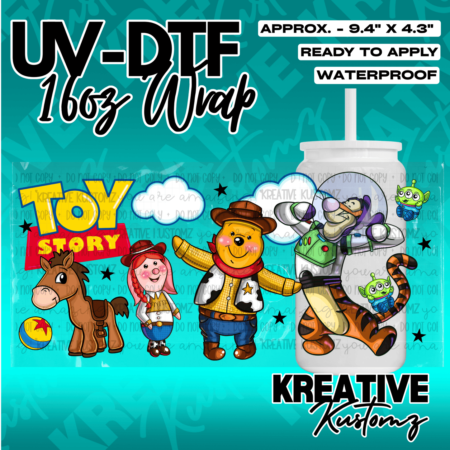 A UV DTF adhesive wrap for 16oz glass cans featuring Winnie the Pooh characters in Toy Story outfits.