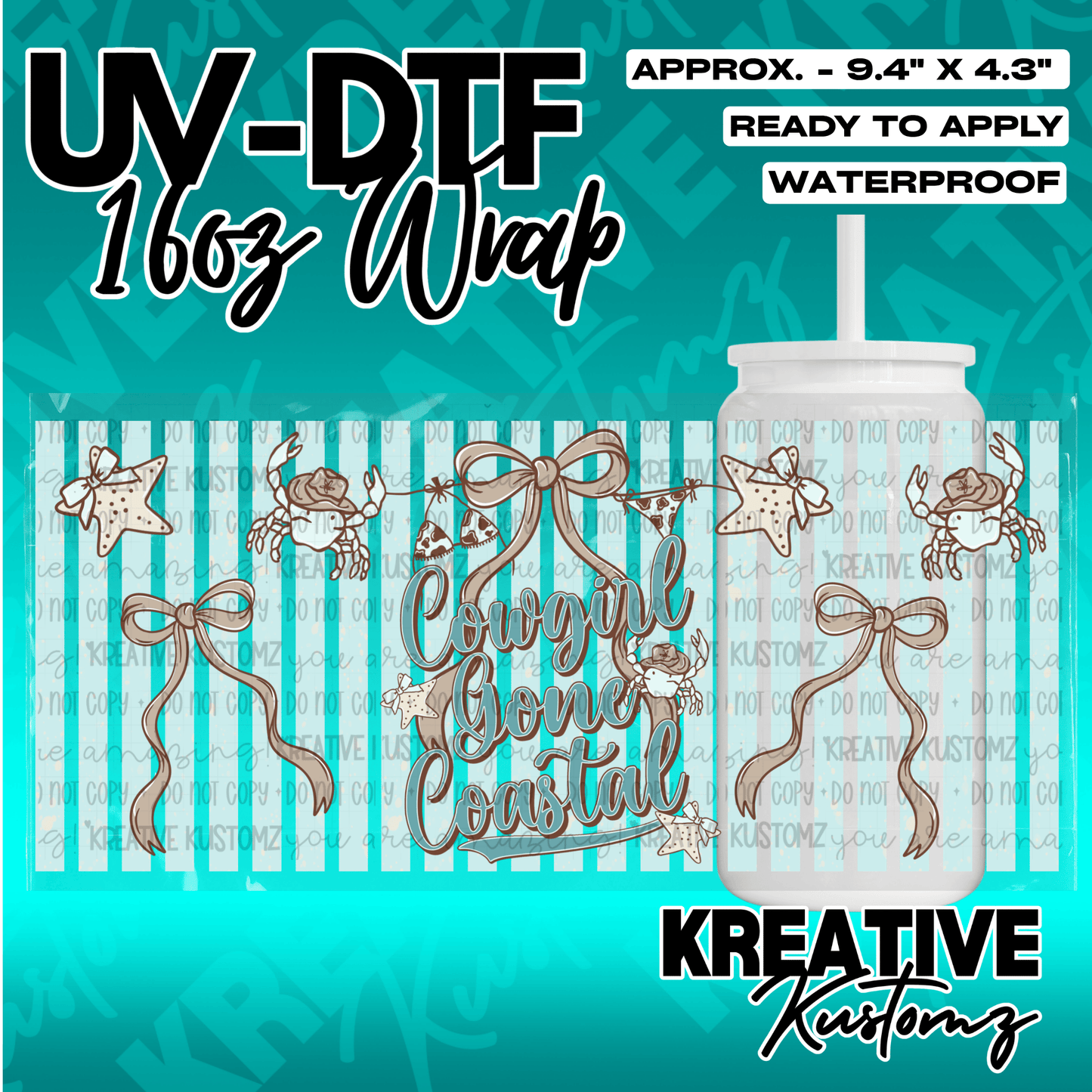 A UV DTF adhesive wrap for 16oz glass cans featuring a cowgirl coastal theme with bows and crabs.