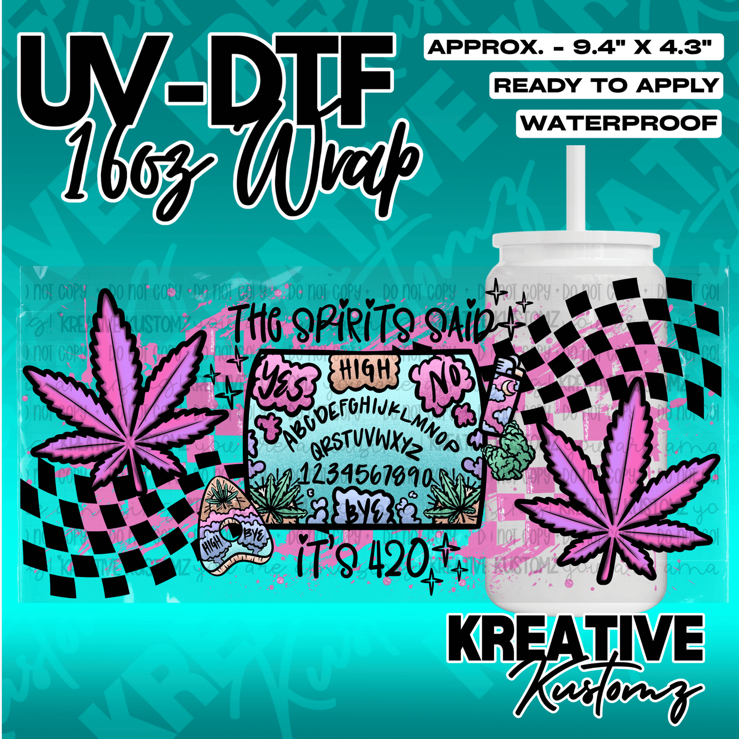 A UV DTF adhesive wrap for 16oz glass cans featuring a spirit board and cannabis leaf design.