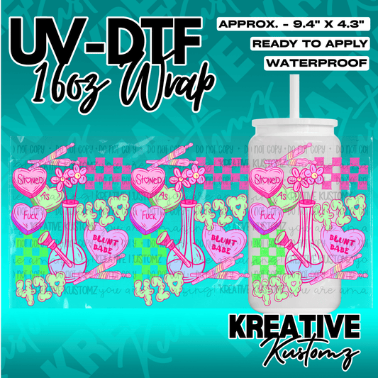 A UV DTF cup wrap featuring pink hearts, flowers, and cannabis-themed graphics on a checkered background.