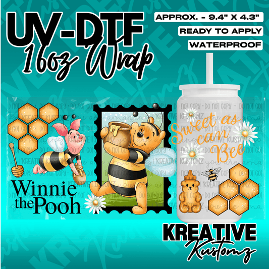 A Winnie the Pooh themed adhesive wrap for a 16oz glass cup featuring bees and honeycombs.