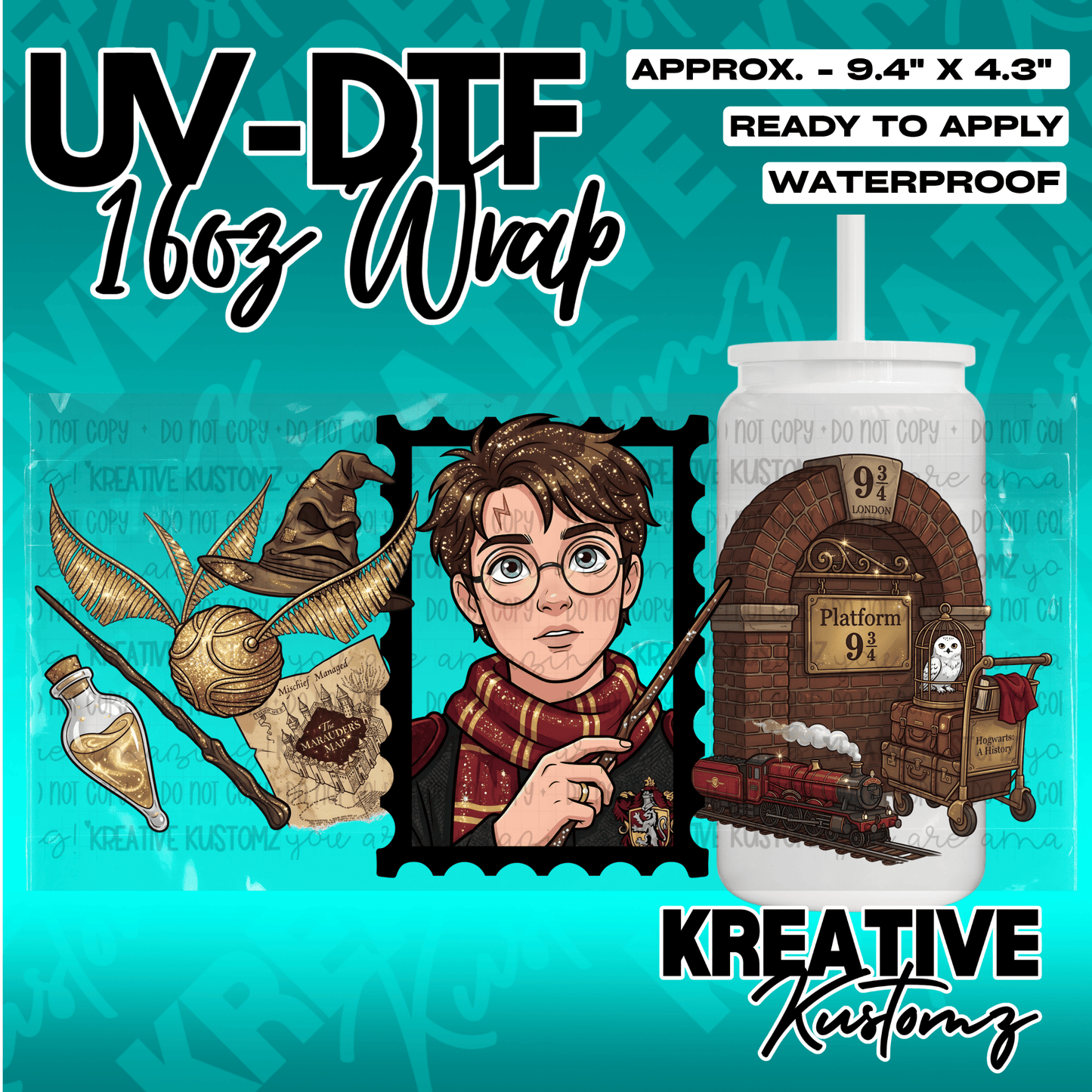 A Harry Potter themed UV DTF adhesive wrap for a 16oz glass cup featuring iconic wizarding imagery.