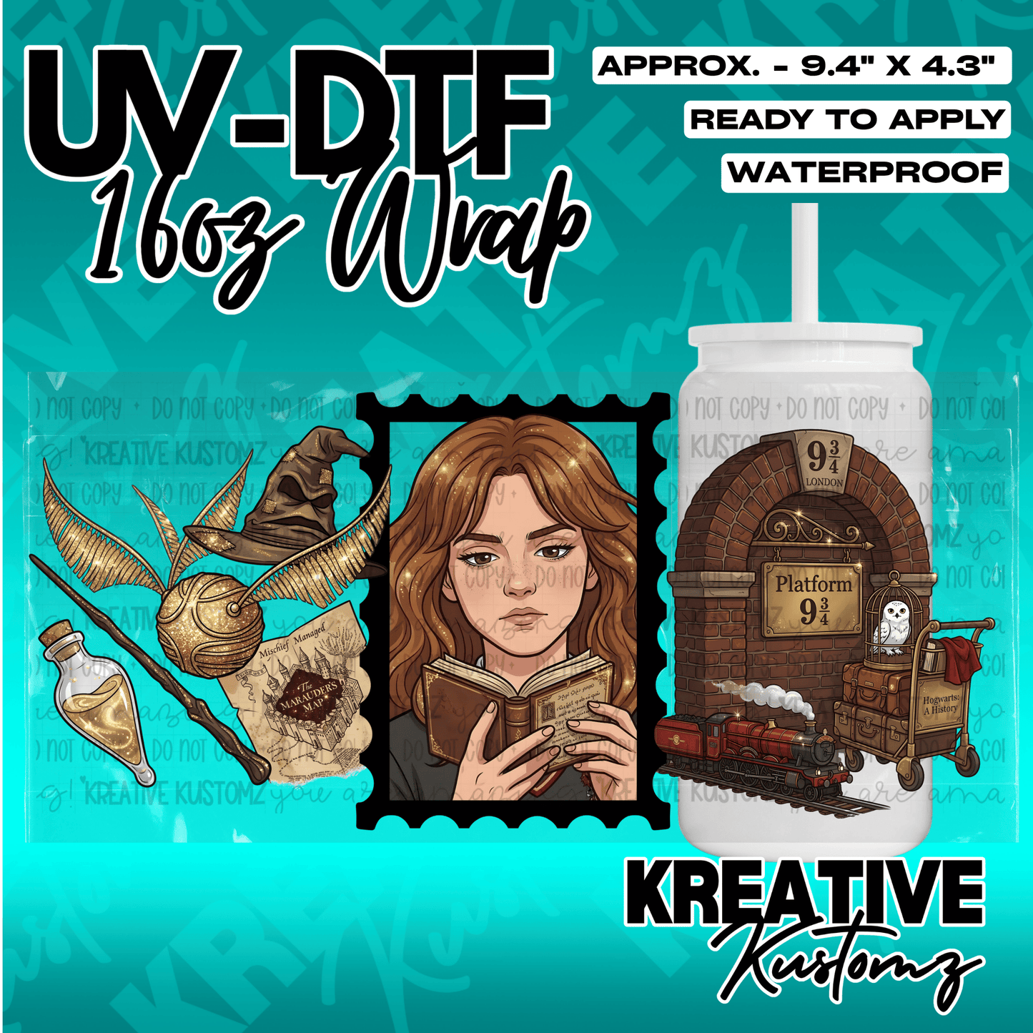 A Harry Potter themed UV DTF adhesive wrap for a 16oz glass cup featuring magical illustrations.