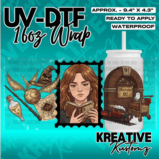 A Harry Potter themed UV DTF adhesive wrap for a 16oz glass cup featuring magical illustrations.