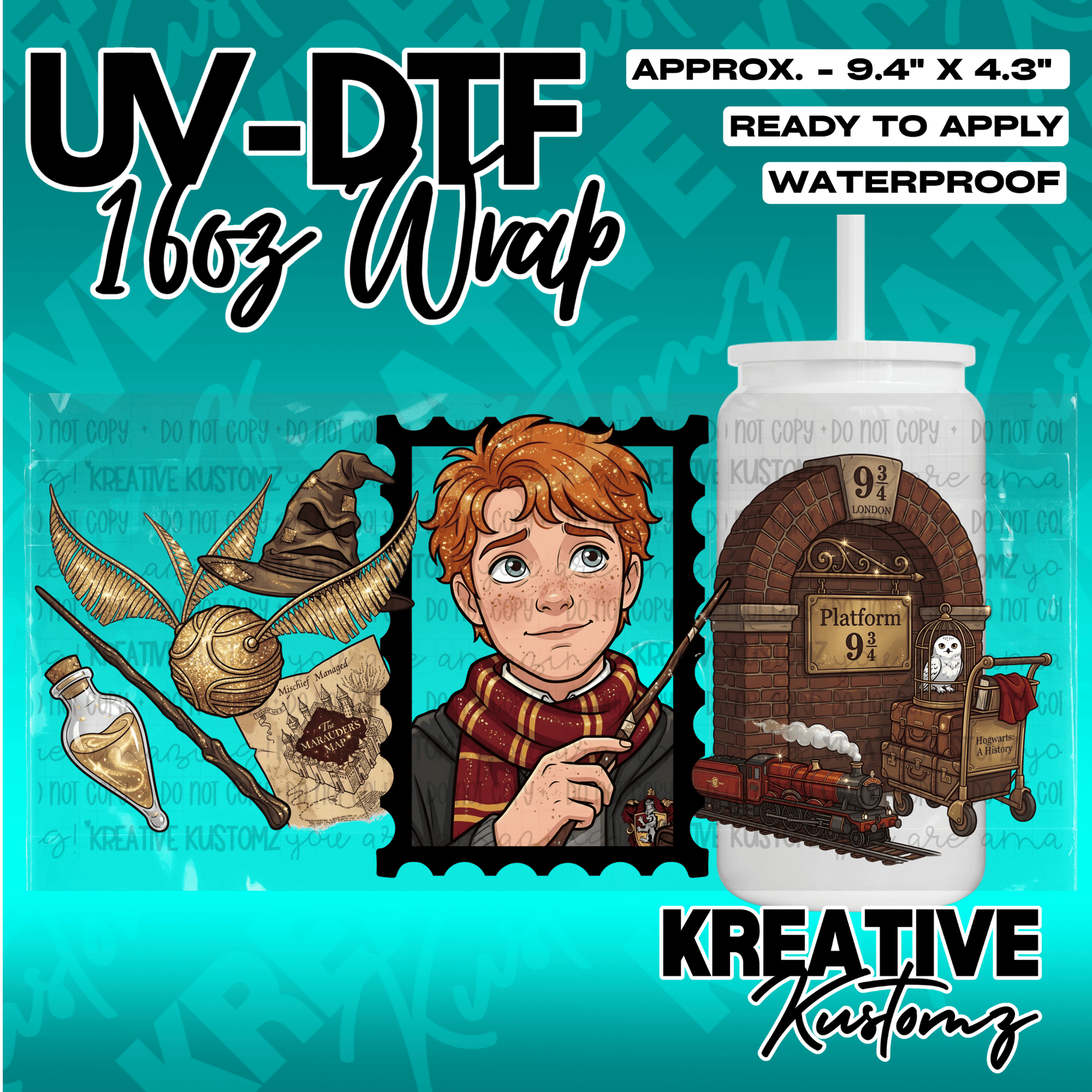 A Harry Potter themed UV DTF adhesive wrap for a 16oz glass cup featuring Ron Weasley and icons.