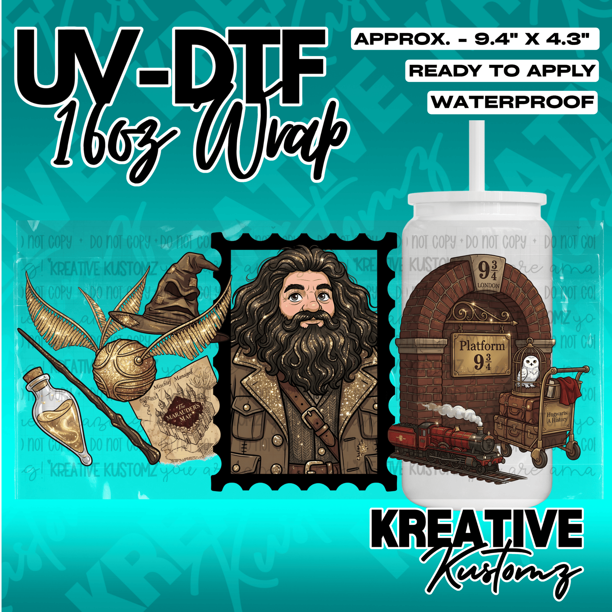 A Harry Potter themed UV DTF adhesive wrap for a 16oz glass cup featuring Hagrid and train motifs.