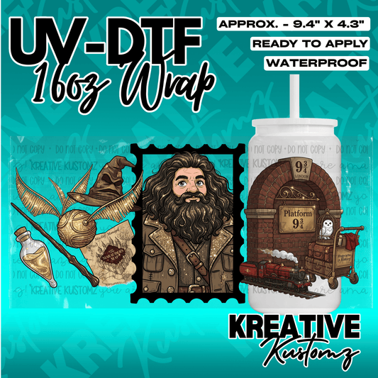 A Harry Potter themed UV DTF adhesive wrap for a 16oz glass cup featuring Hagrid and train motifs.