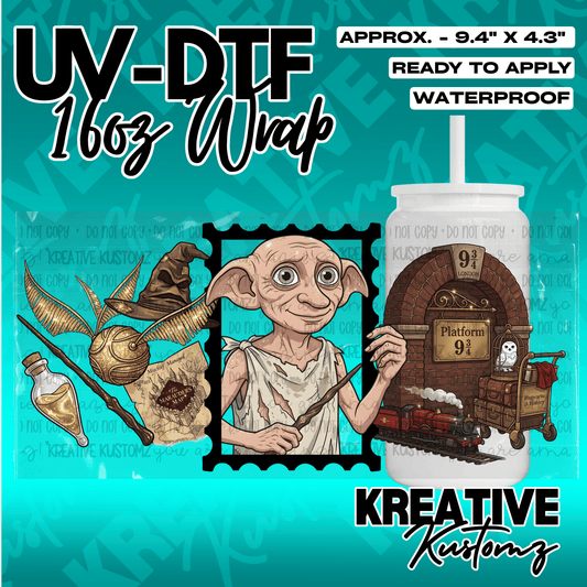 A Harry Potter themed UV DTF adhesive wrap for a 16oz glass cup featuring Dobby and iconic imagery.
