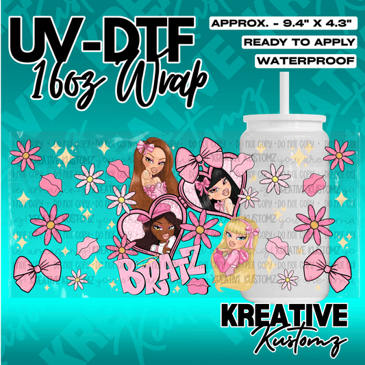 A UV DTF adhesive wrap for a 16oz glass can featuring Bratz dolls, pink bows, and flowers.