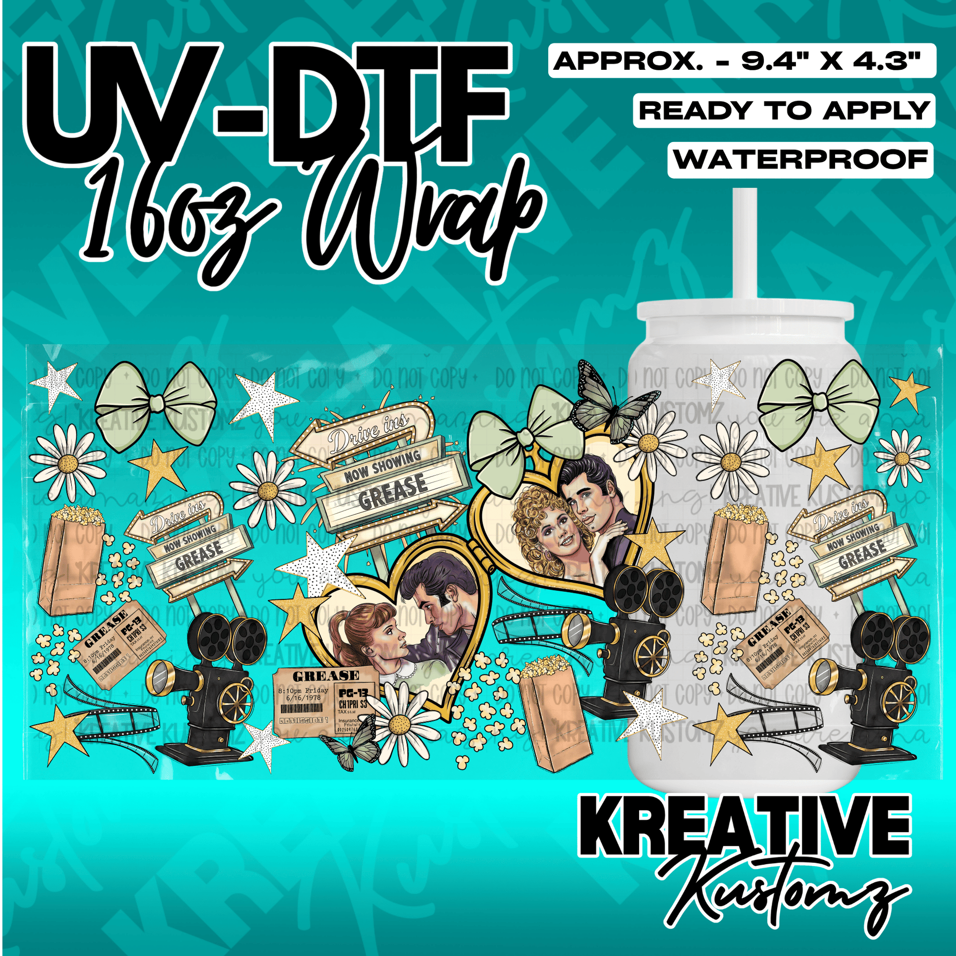 A Grease-themed UV DTF adhesive wrap for a 16oz glass can featuring movie-inspired graphics.