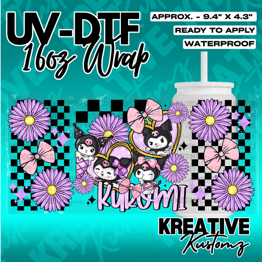 A Kuromi themed UV DTF cup wrap featuring purple flowers and bows on a black checkered background.