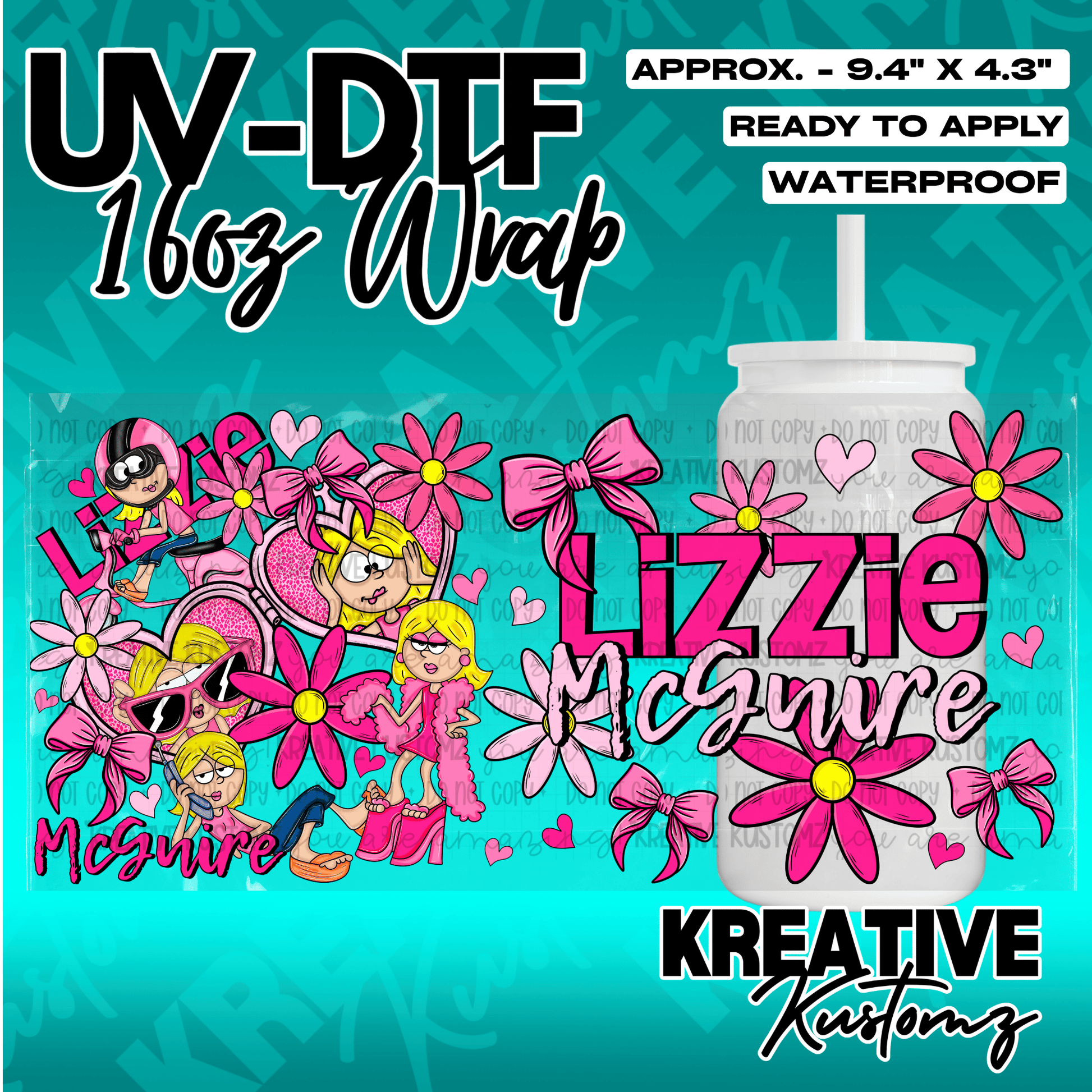 A pink and floral Lizzie McGuire themed adhesive wrap for a 16oz glass cup.