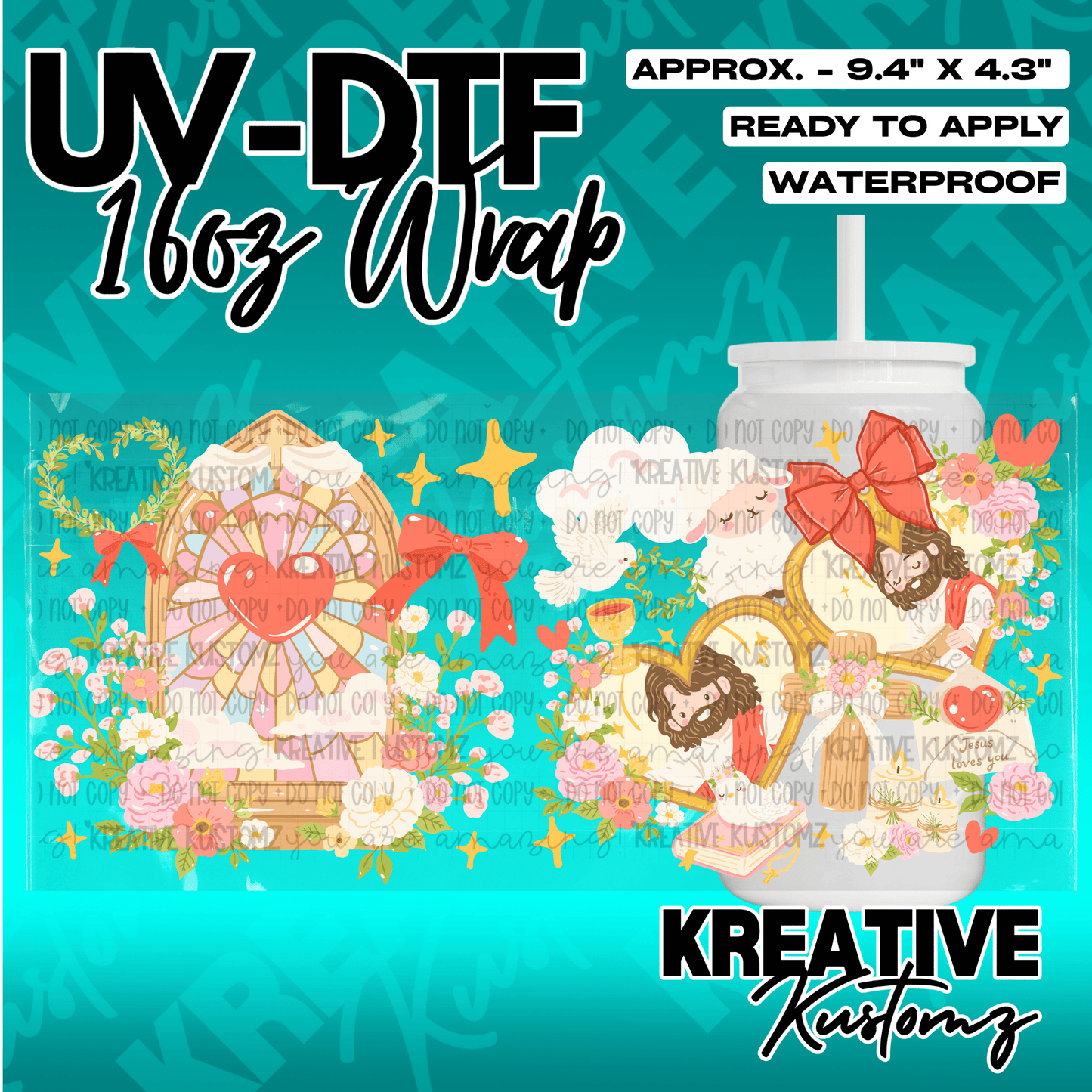 A floral UV DTF adhesive wrap for 16oz glass cups featuring religious imagery and red bows.