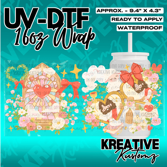 A floral UV DTF adhesive wrap for 16oz glass cups featuring religious imagery and red bows.