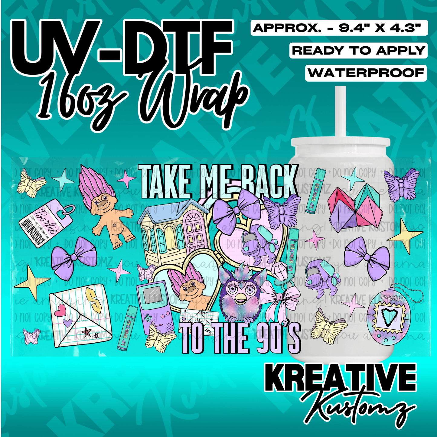 A 90s themed adhesive cup wrap featuring nostalgic toys and icons on a teal background.