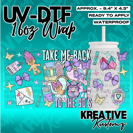 A 90s themed adhesive cup wrap featuring nostalgic toys and icons on a teal background.