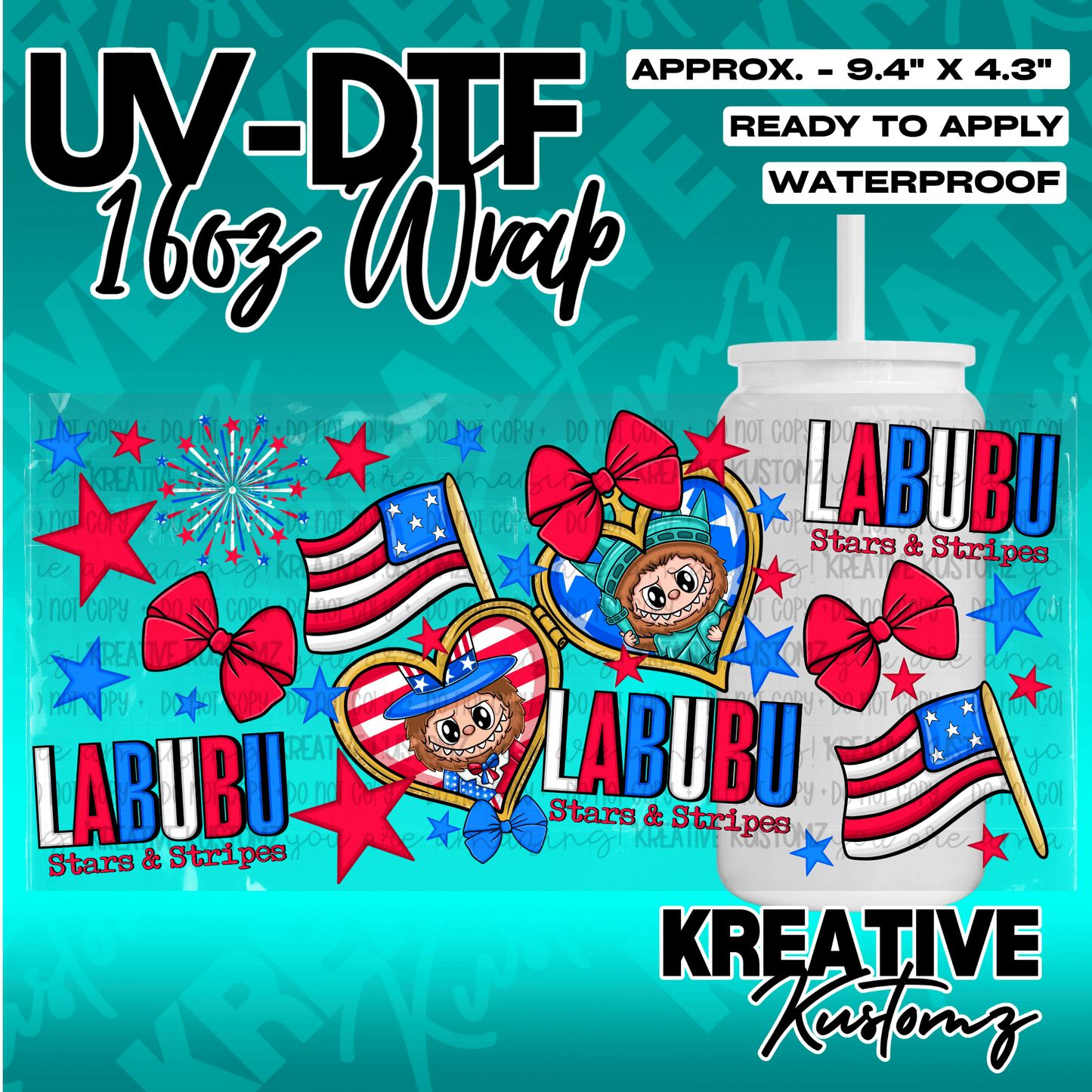 A patriotic Labubu themed UV DTF adhesive wrap for a 16oz glass cup.