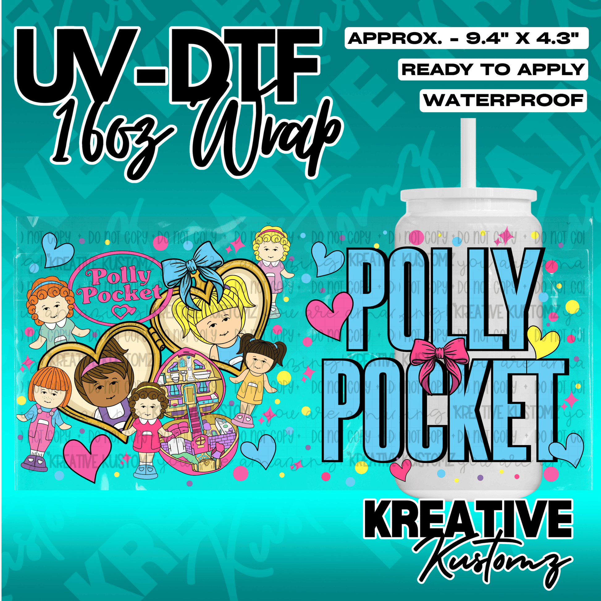 A Polly Pocket themed UV DTF adhesive wrap for a 16oz glass cup featuring colorful character art.
