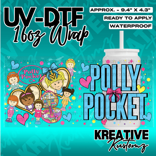 A Polly Pocket themed UV DTF adhesive wrap for a 16oz glass cup featuring colorful character art.