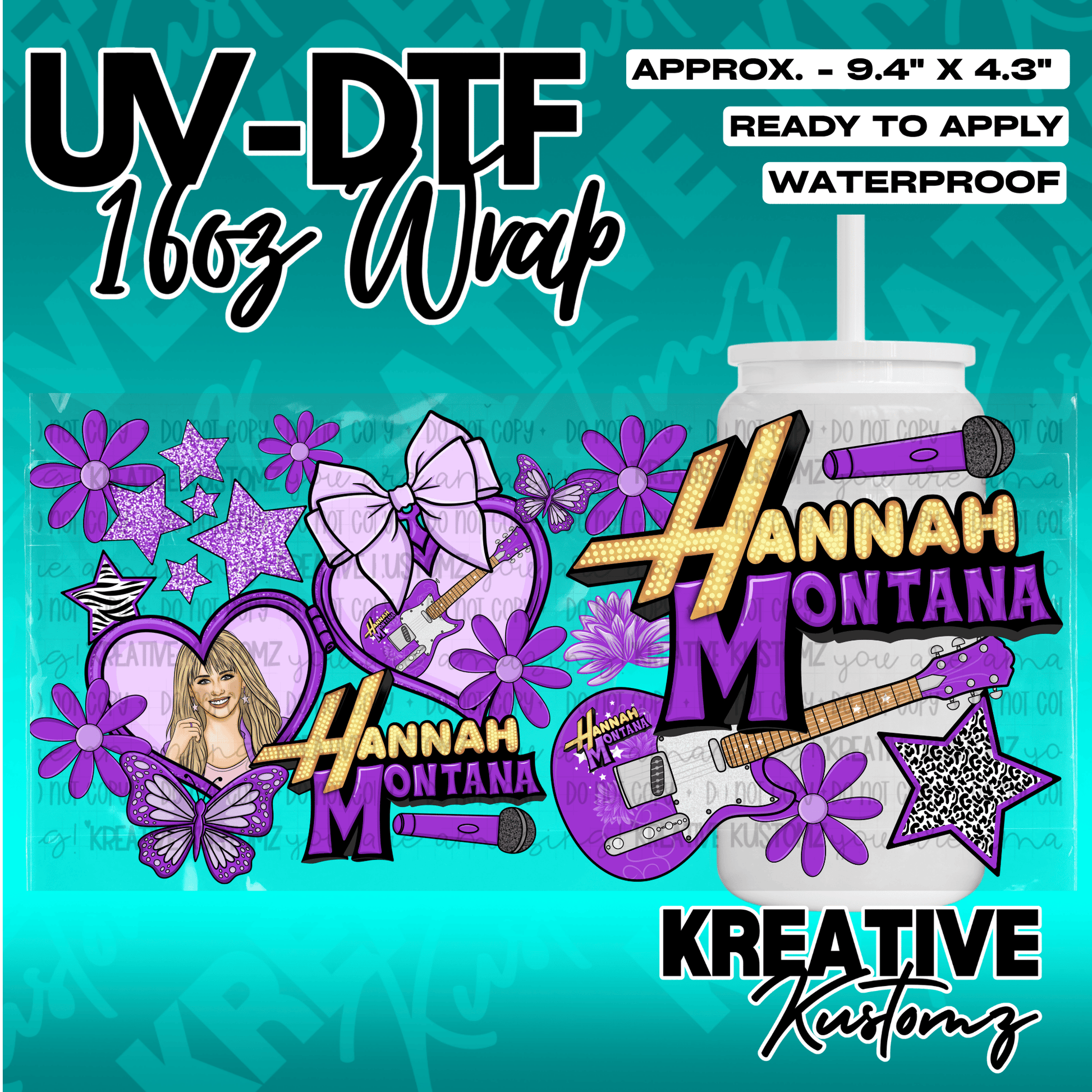 A Hannah Montana themed UV DTF adhesive wrap for a 16oz glass cup featuring purple floral designs.