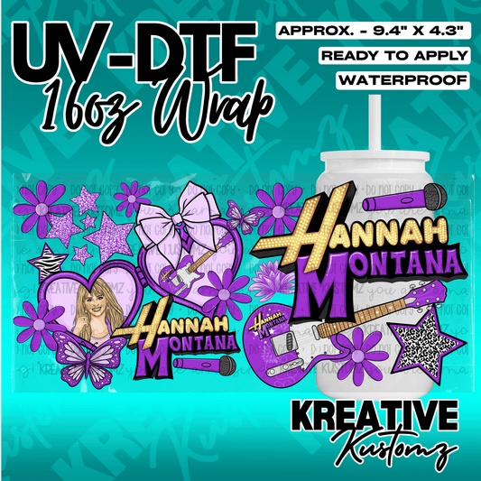 A Hannah Montana themed UV DTF adhesive wrap for a 16oz glass cup featuring purple floral designs.