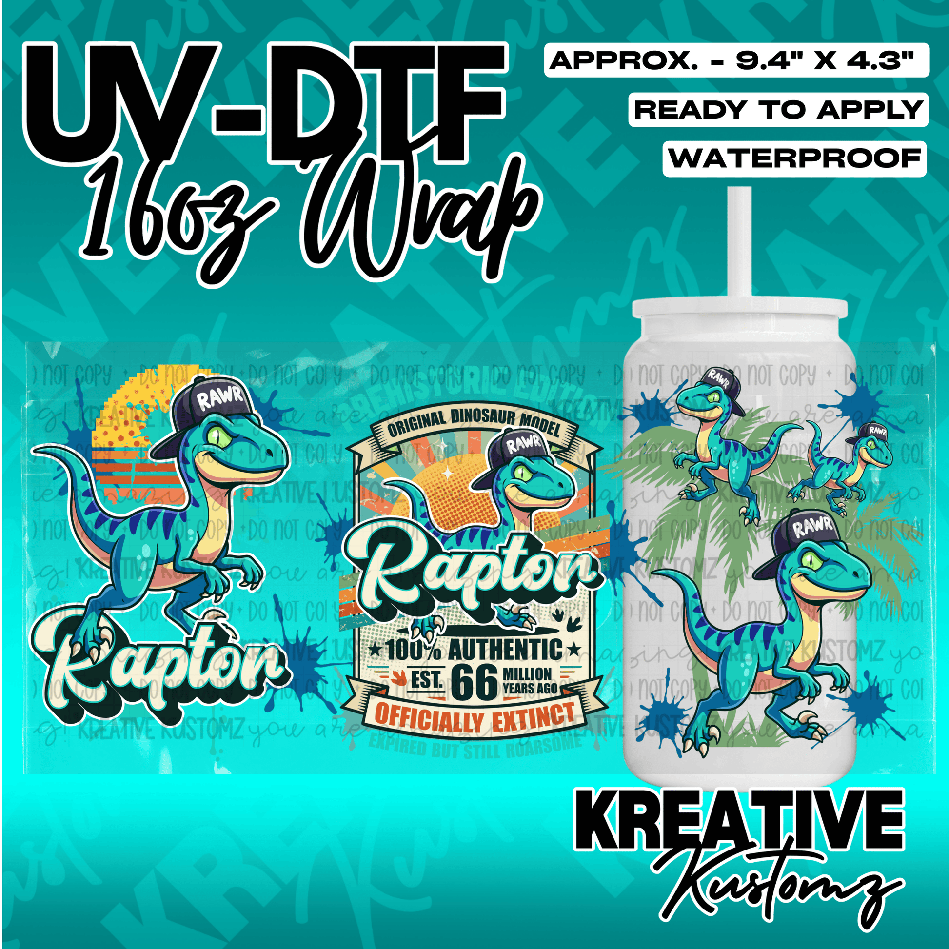 A UV DTF adhesive wrap for 16oz glass cans featuring a cartoon dinosaur design.