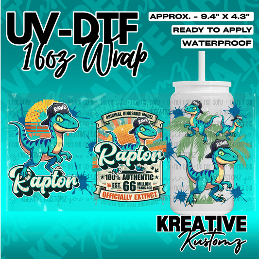 A UV DTF adhesive wrap for 16oz glass cans featuring a cartoon dinosaur design.