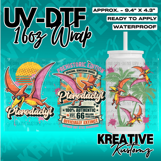 A dinosaur themed UV DTF adhesive wrap for 16oz glass cans featuring pterodactyls and palm trees.