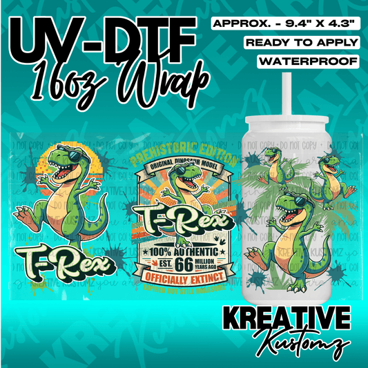 A UV DTF adhesive wrap for 16oz glass cans featuring a T-Rex dinosaur design.