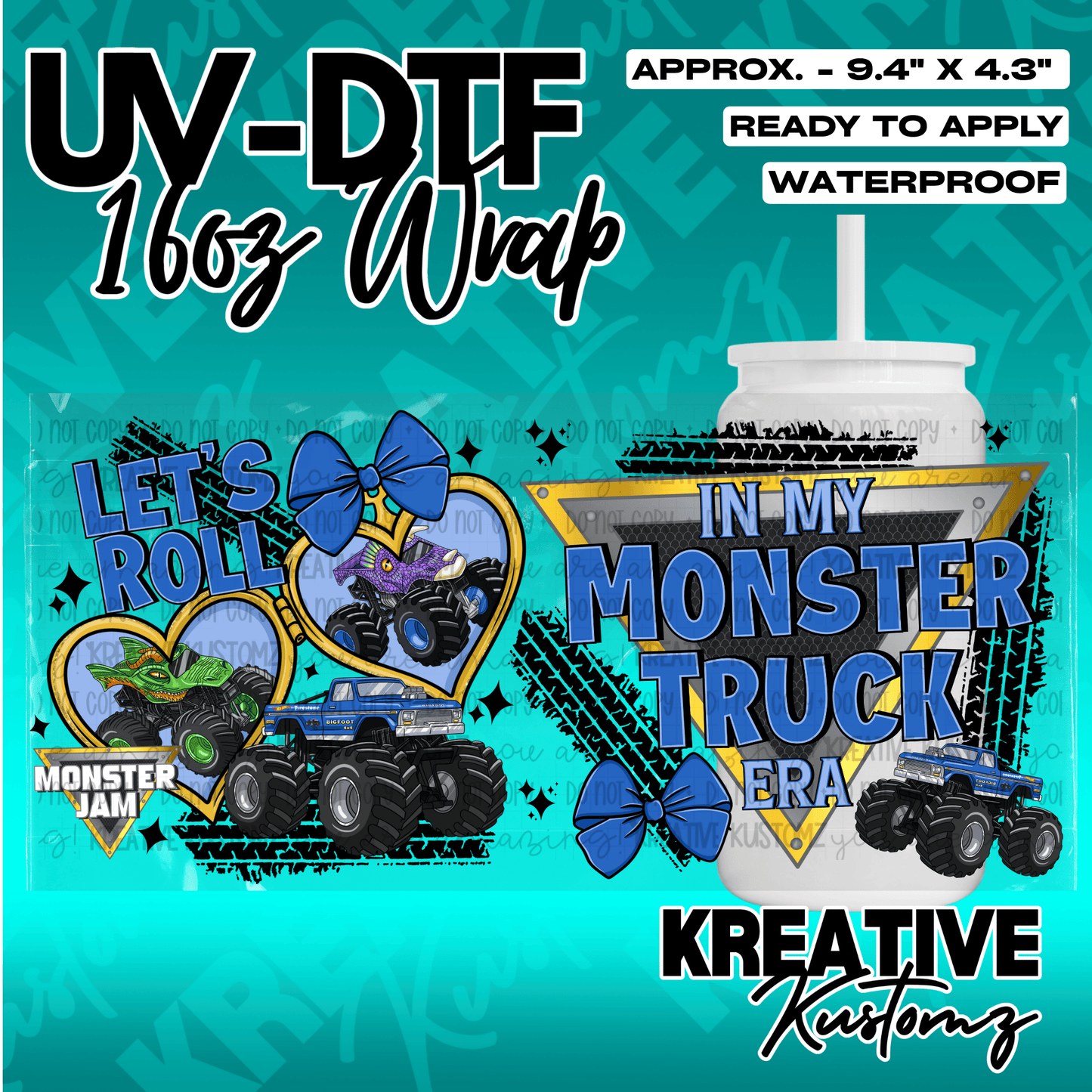 A monster truck themed UV DTF adhesive wrap for a 16oz glass cup.
