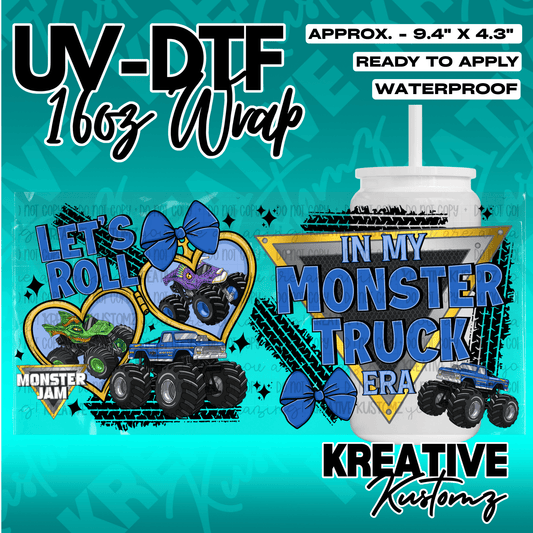 A monster truck themed UV DTF adhesive wrap for a 16oz glass cup.