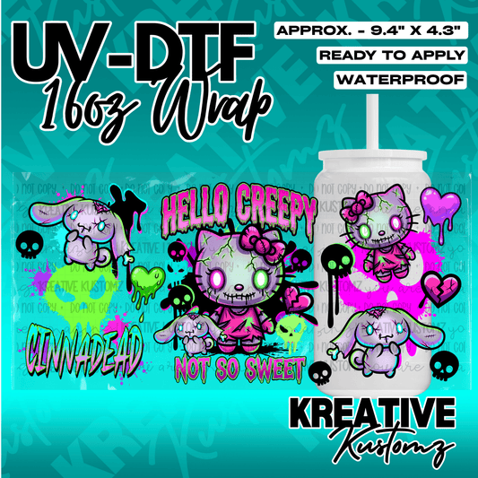 A UV DTF wrap for a 16oz glass cup featuring zombie-themed cartoon characters and skulls.