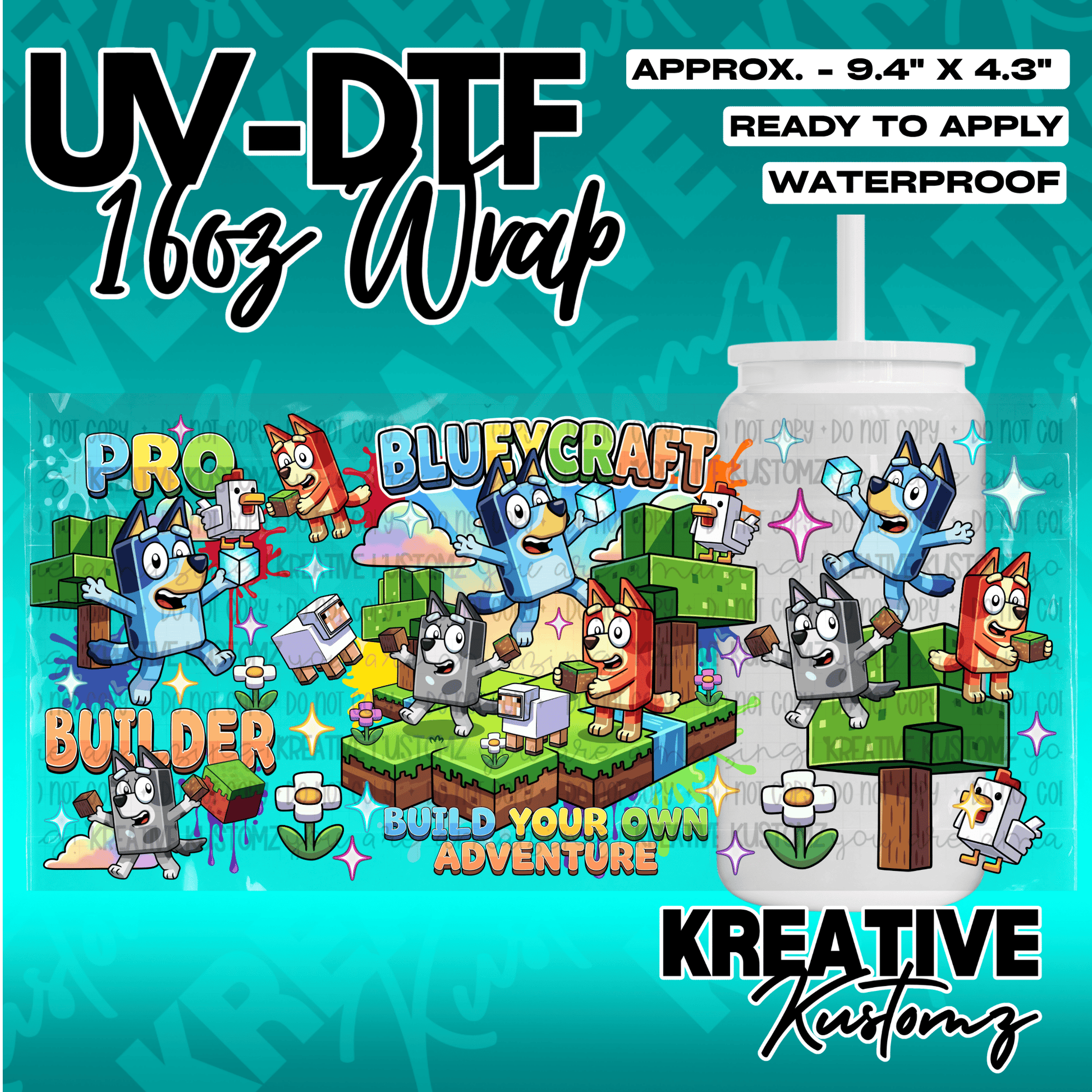 A Bluey and Minecraft themed adhesive wrap for a 16oz glass can.