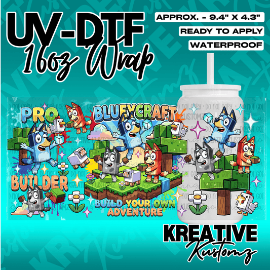 A Bluey and Minecraft themed adhesive wrap for a 16oz glass can.