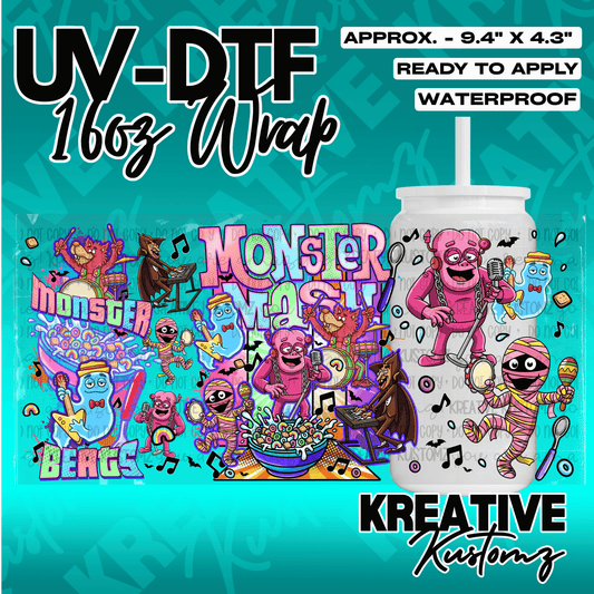 A vibrant Monster Mash themed UV DTF adhesive wrap for a 16oz glass can.