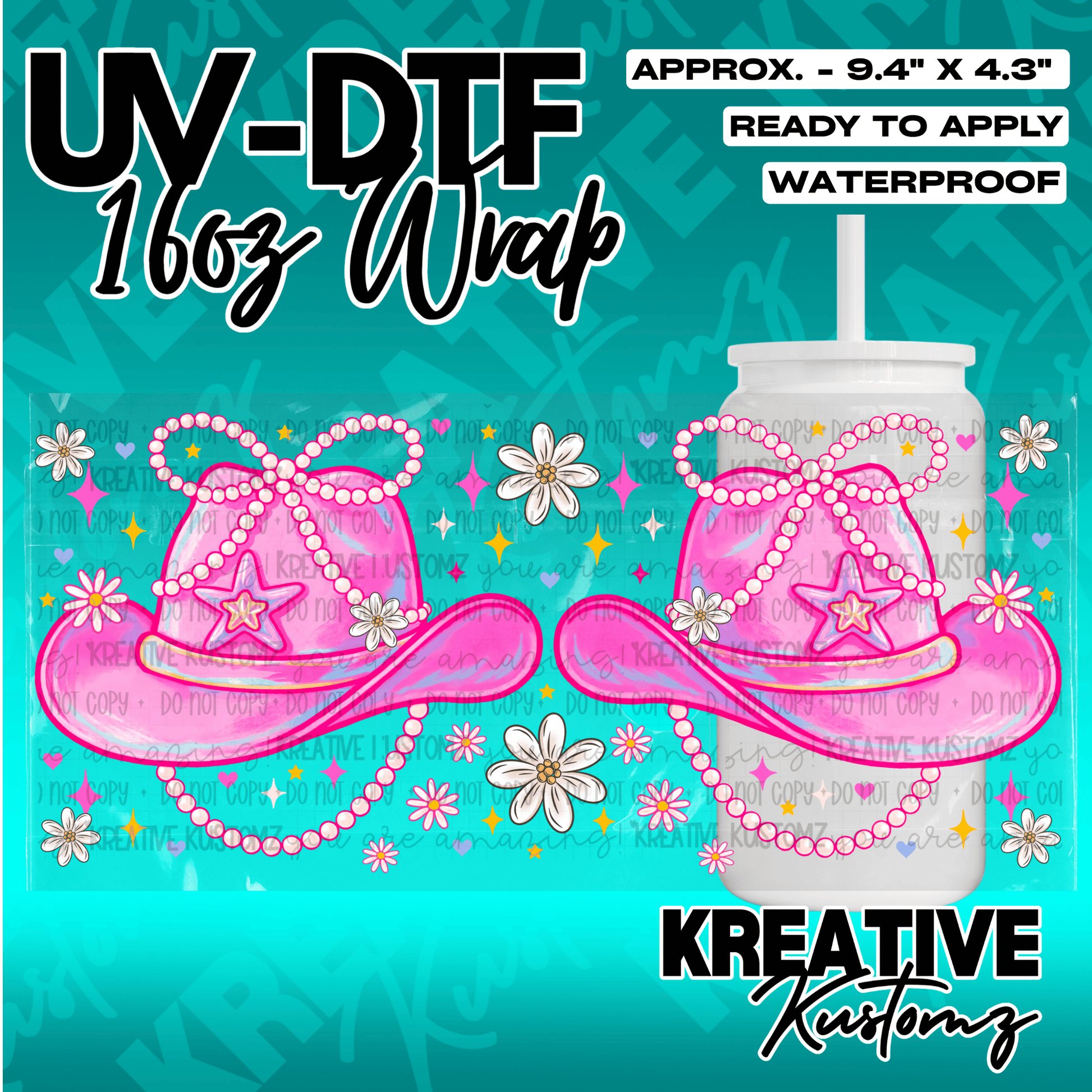 A UV DTF adhesive wrap for 16oz glass cans featuring pink cowboy hats, pearls, and daisies.