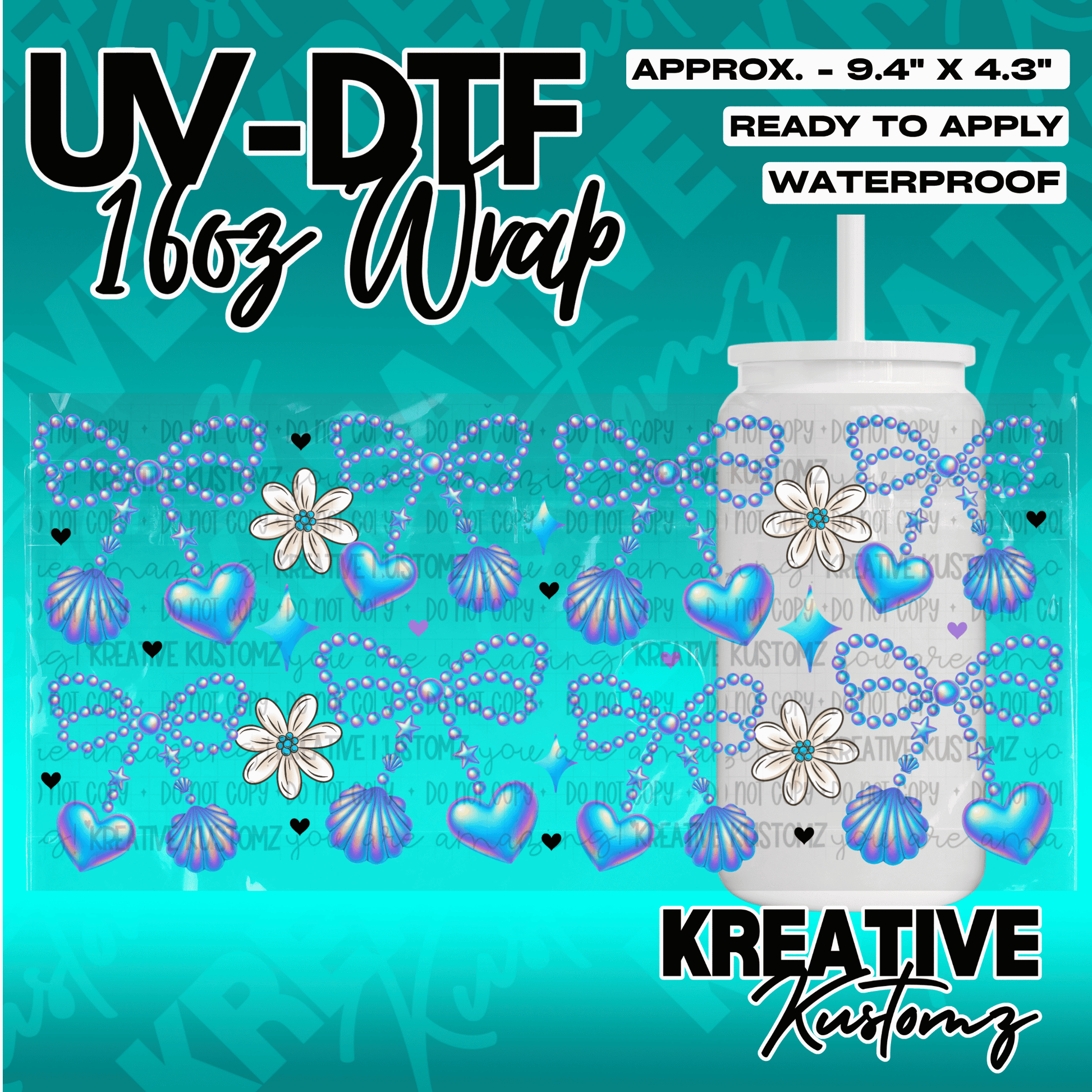 A UV DTF adhesive wrap for 16oz glass cans featuring a pattern of blue bows, flowers, and shells.