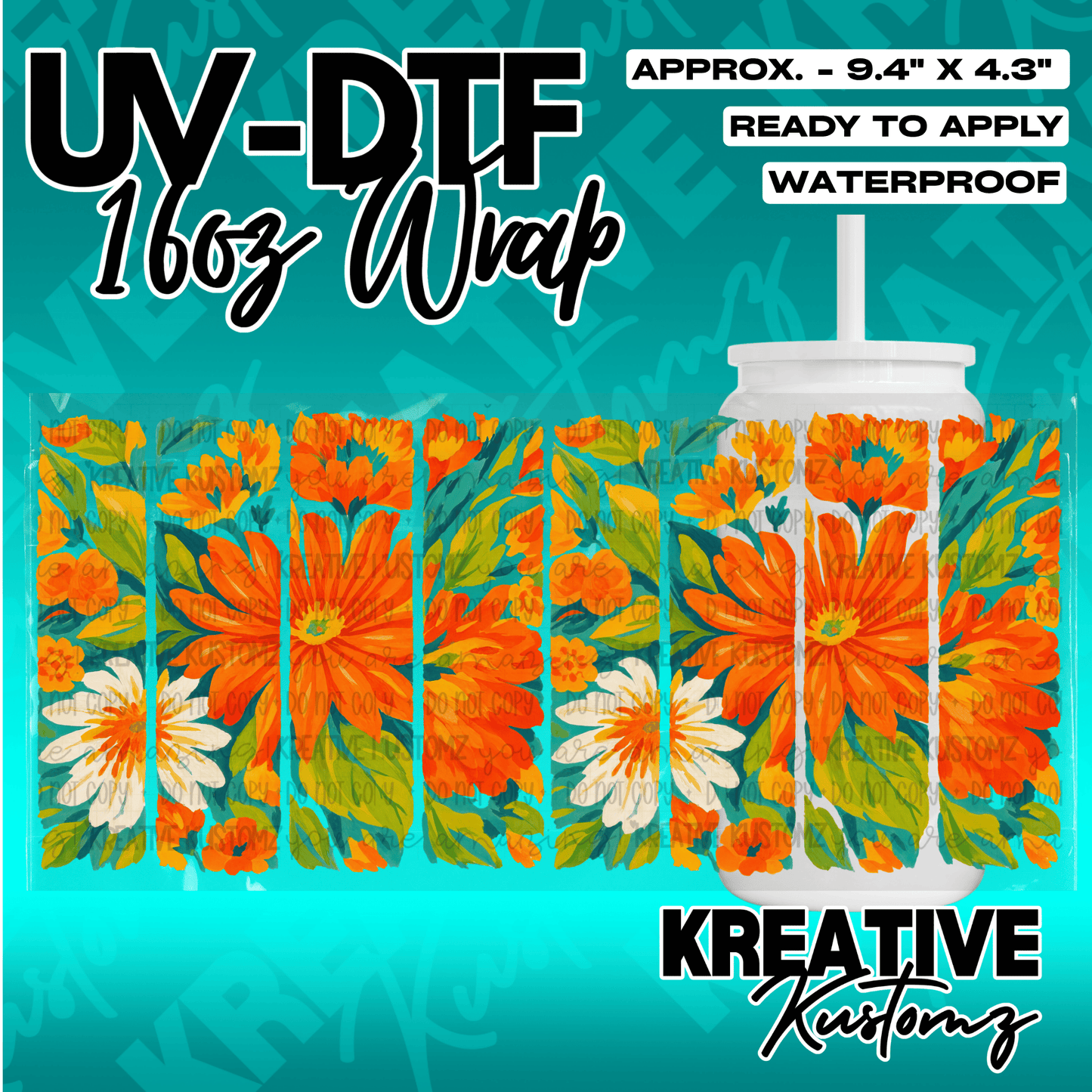 A floral UV DTF adhesive wrap for a 16oz glass cup featuring orange and white flowers.