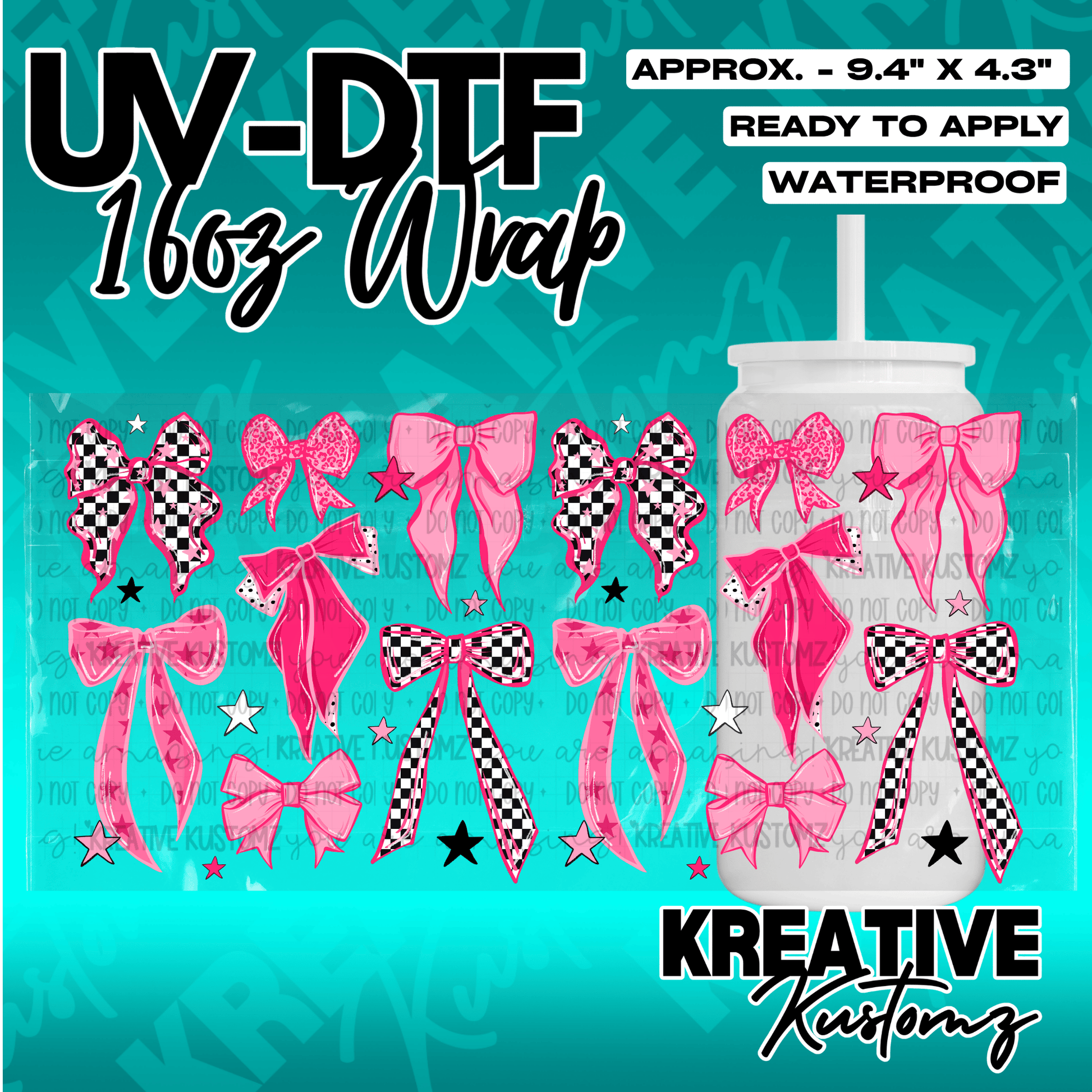 A UV DTF adhesive wrap for 16oz glass cans featuring a pattern of pink and checkered bows.