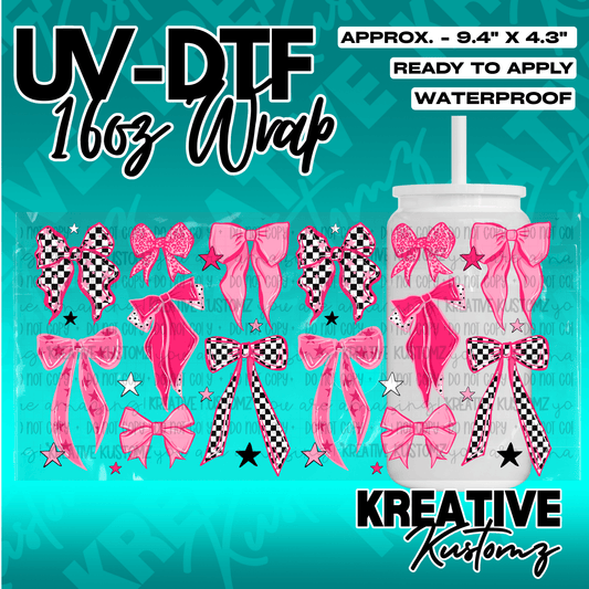 A UV DTF adhesive wrap for 16oz glass cans featuring a pattern of pink and checkered bows.