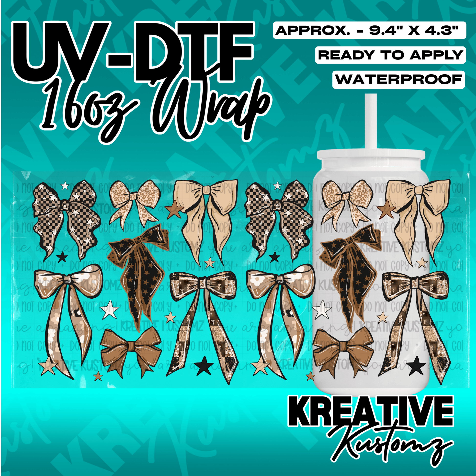 A UV DTF adhesive wrap for 16oz glass cups featuring a pattern of various decorative bows.