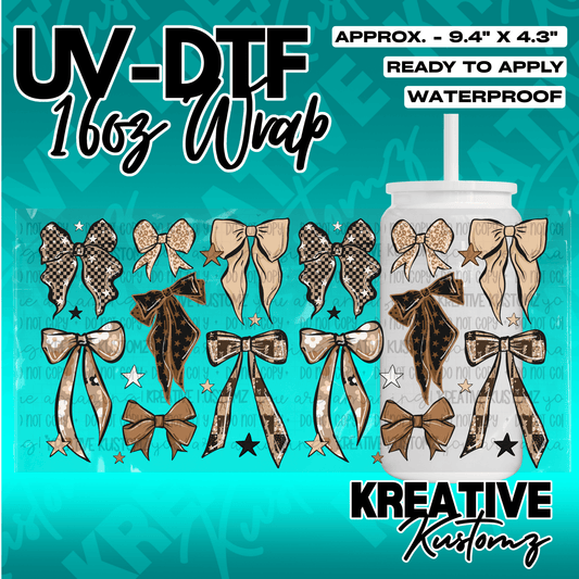A UV DTF adhesive wrap for 16oz glass cups featuring a pattern of various decorative bows.