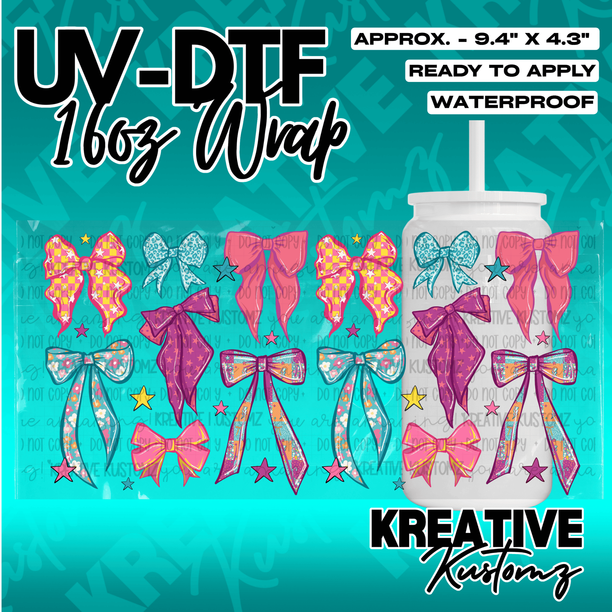 A UV DTF adhesive wrap for a 16oz glass cup featuring a colorful pattern of various bows and stars.