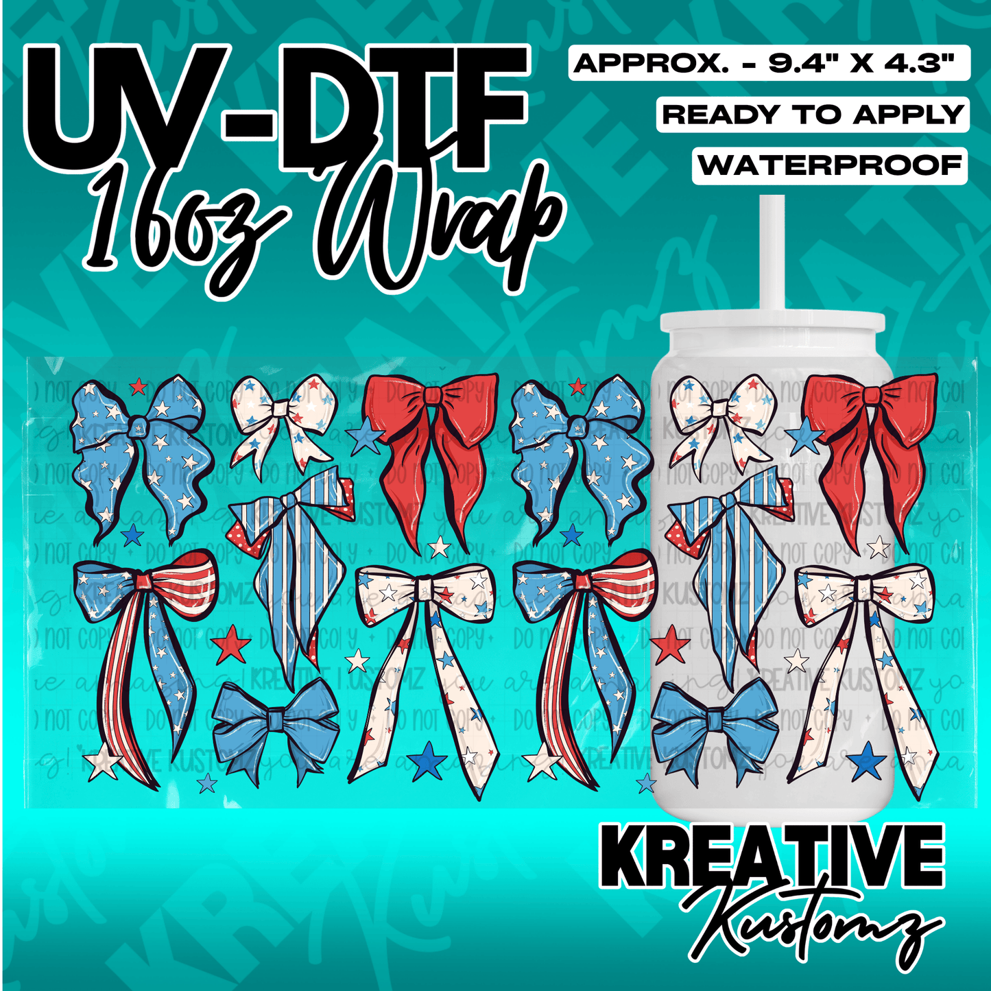 A UV DTF adhesive cup wrap featuring a patriotic bow pattern for a 16oz glass can.