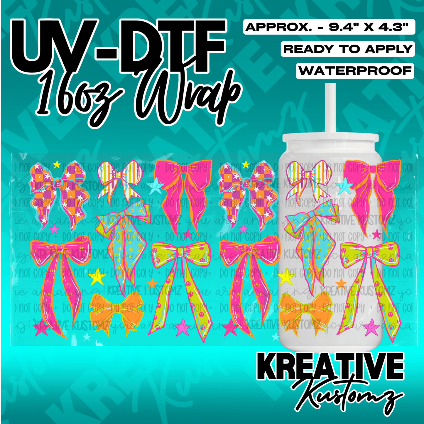 A UV DTF adhesive cup wrap featuring a colorful pattern of bows for 16oz glass cans.